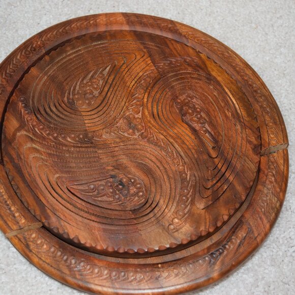 VTG Carved Wooden Collapsable Bowl/Basket Paisley Design Trays 3 Sections - Picture 8 of 13